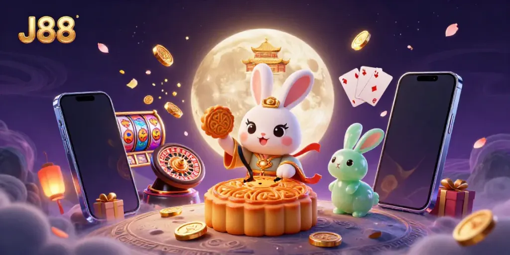 Celebrate your wins with J88's lively casino scene featuring a lucky moon rabbit.