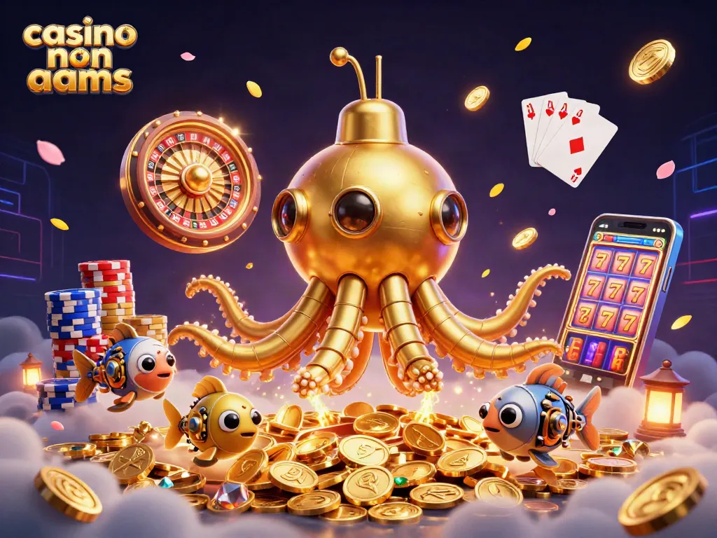 Immagine dinamica di casinò non AAMS con un kraken d'oro e tesori in un'ambientazione vibrantemente fantastica.