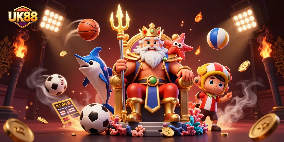 Experience the excitement of gambling with UK88's vibrant sea-themed illustration showcasing thrilling sports elements.