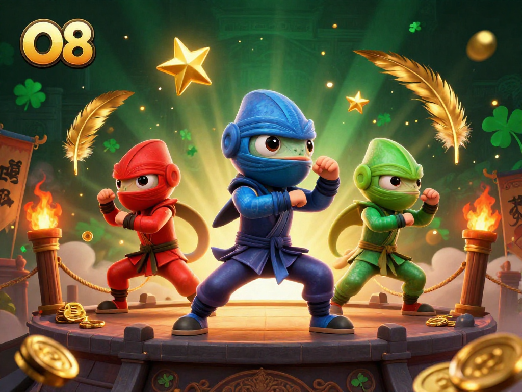 O8 chameleon ninjas compete in a lively casino-themed scene with golden highlights.