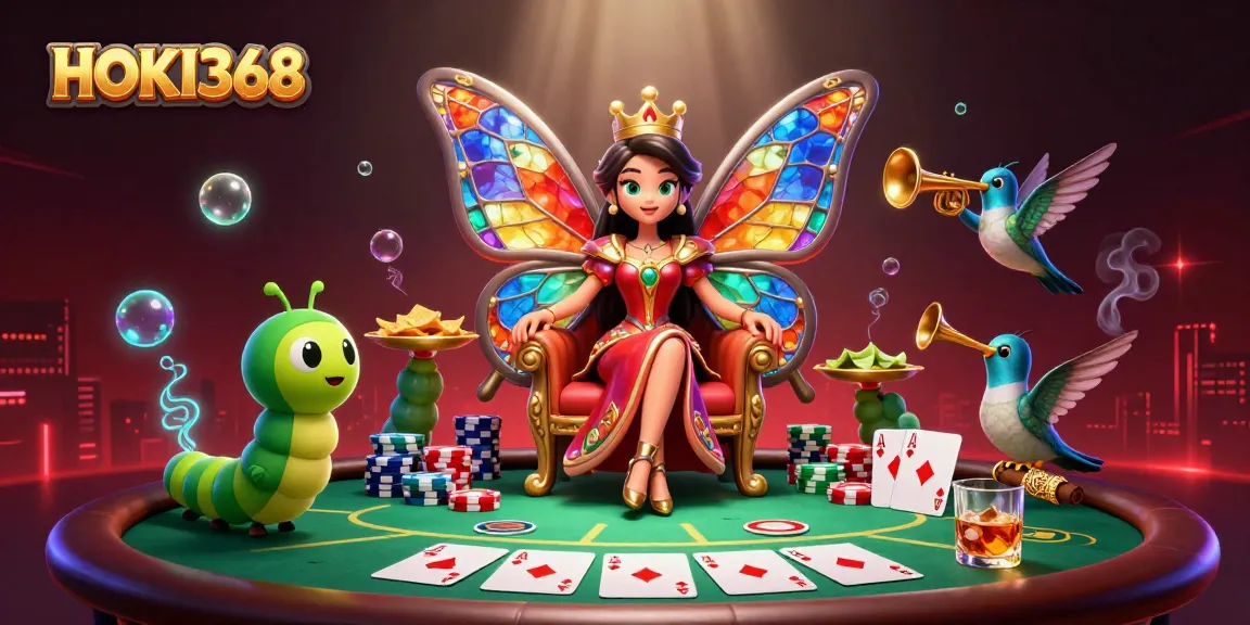 HOKI368 showcases a vibrant 3D casino scene featuring a butterfly queen and poker elements.