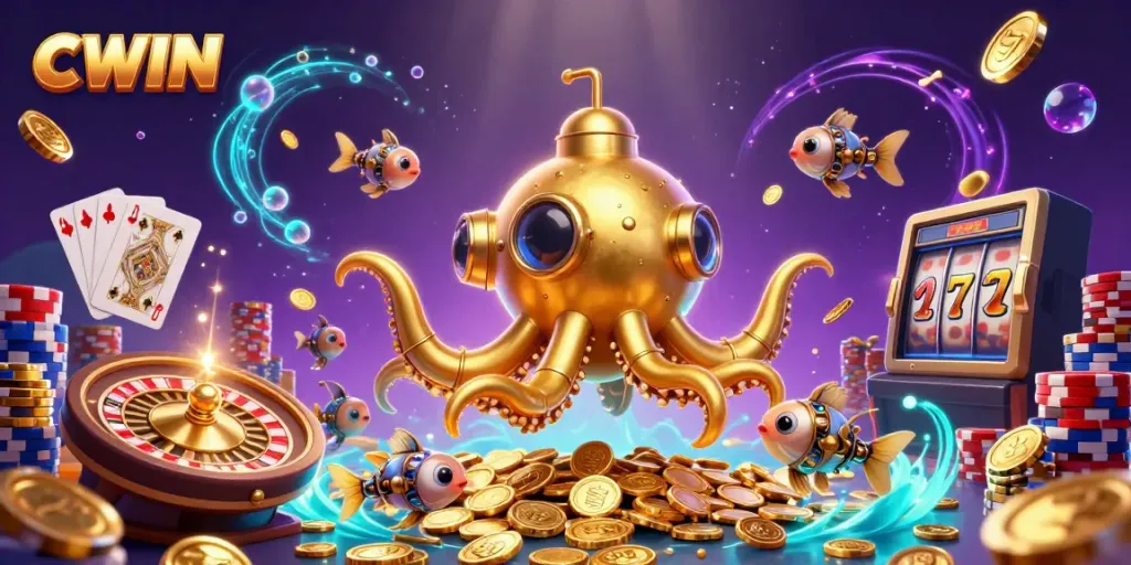 Win big at CWIN with the golden kraken submarine in an abundant ocean of coins and luxurious game elements.