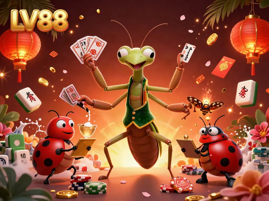 Experience the vibrant world of LV88 with a cheerful mantis dealer, balanced amid casino elements in a lively setting.