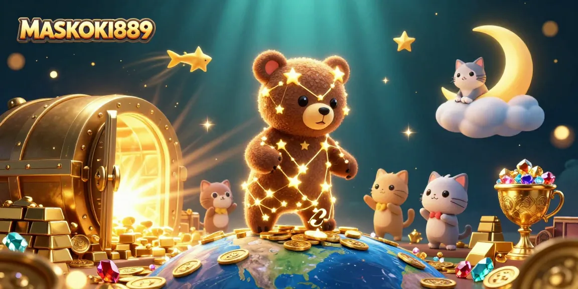 Experience the thrill of gaming at MASKOKI889 as a golden constellation bear reaches for coins amidst jewels and treasures.