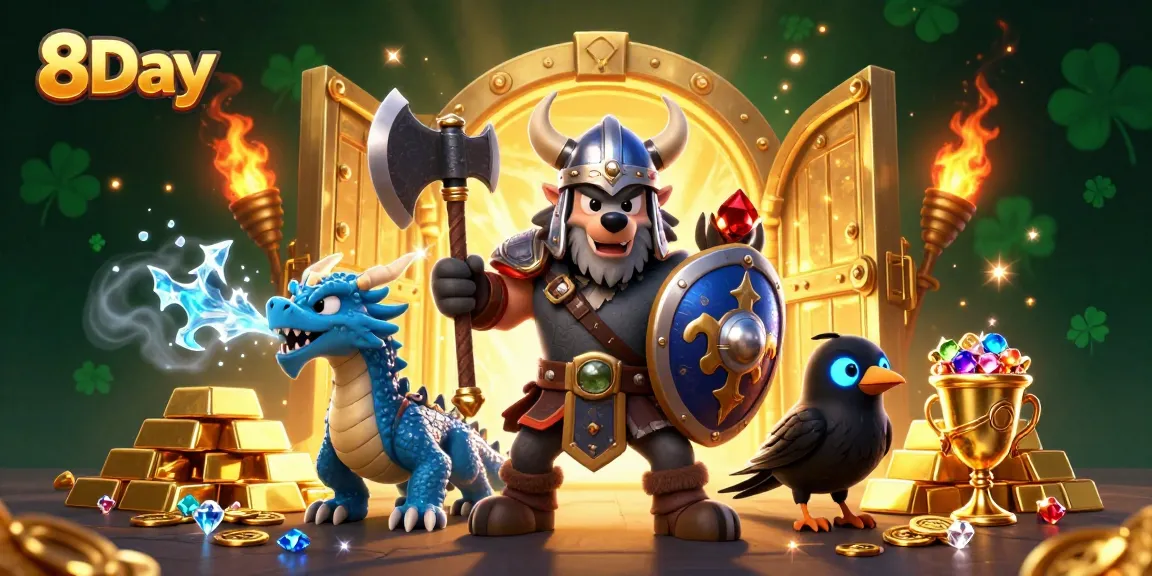 Engage with thrilling 8Day gaming adventures through vivid 3D illustrations of characters and riches.