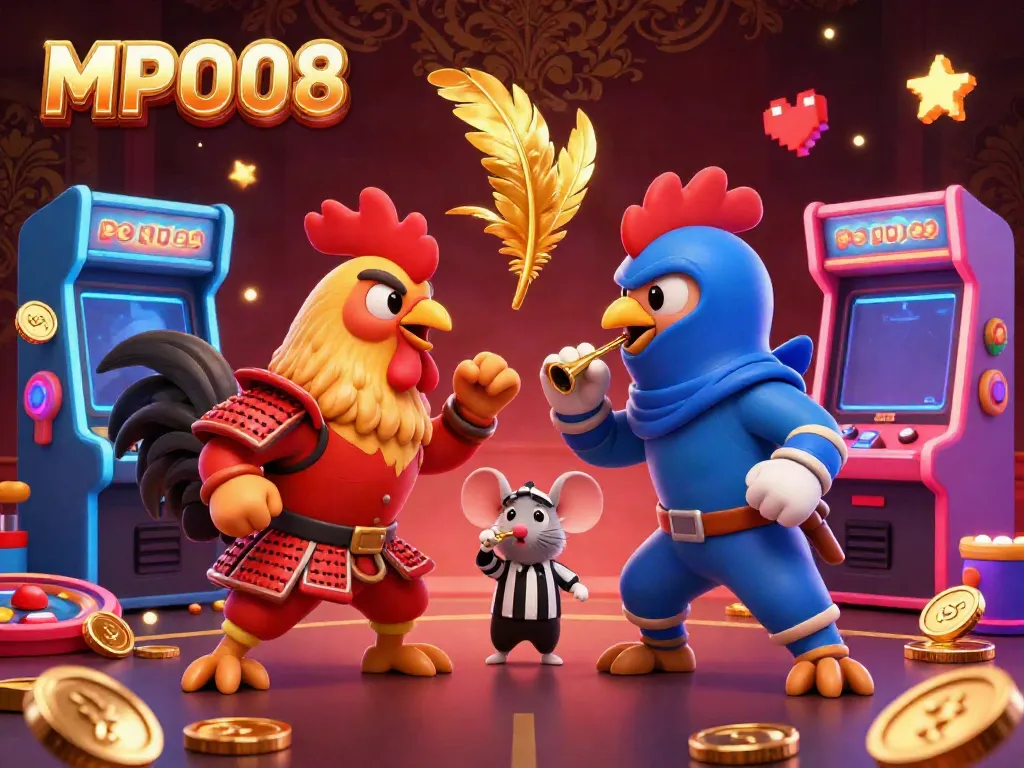 MPO08 depicts an intense duel between cartoon roosters in a dynamic gambling arcade scene.
