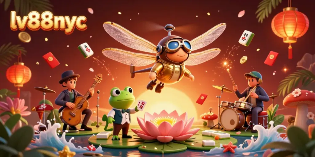 Experience winning thrills with lv88nyc at a vibrant lily pad casino, featuring a colorful dragonfly pilot and frog croupier.