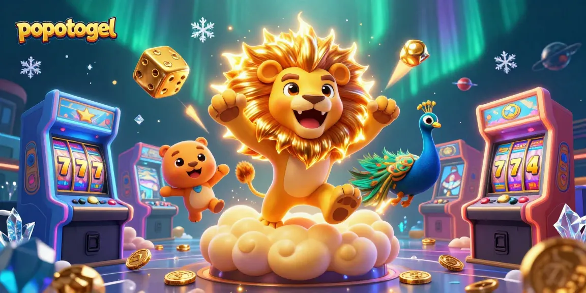 Win big with popotogel in this vibrant, dynamic casino-themed digital illustration of a victorious lion.