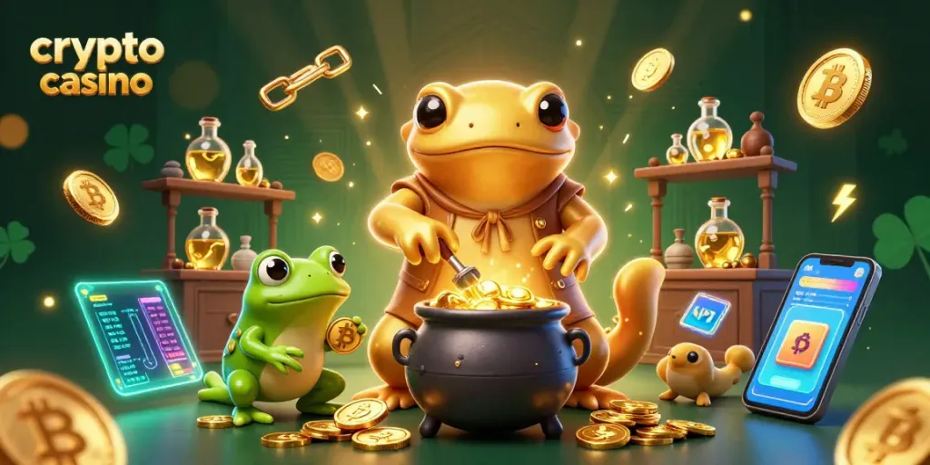 Scopri il mondo emozionante del crypto casino con un alchimista e monete brillanti.