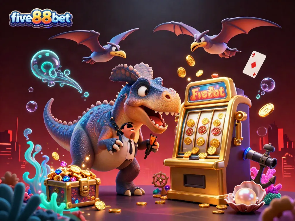 Experience excitement with five88bet, featuring vibrant characters and dynamic elements celebrating casino jackpots.