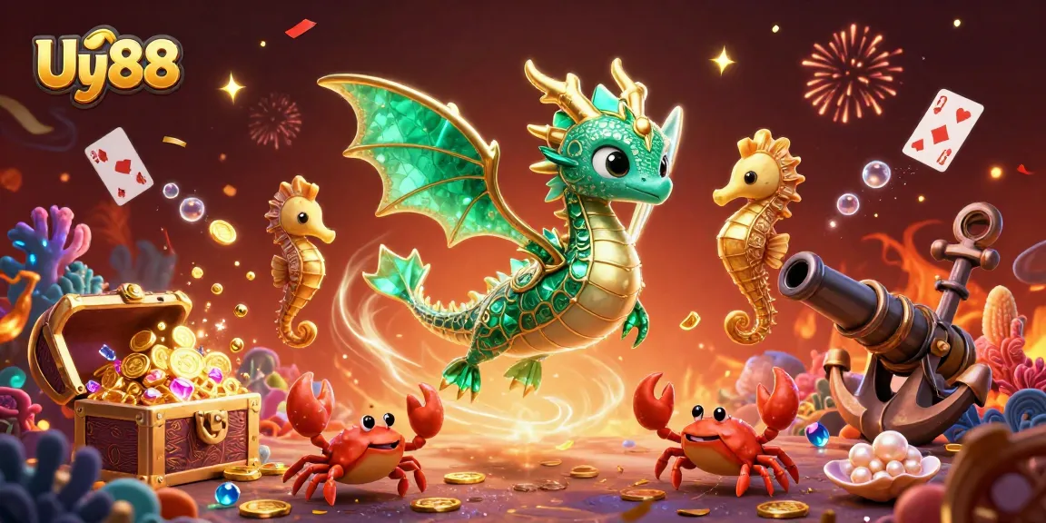 Experience the enchanting world of Uy88 with a gambling-themed underwater scene featuring a majestic sea dragon and treasures.