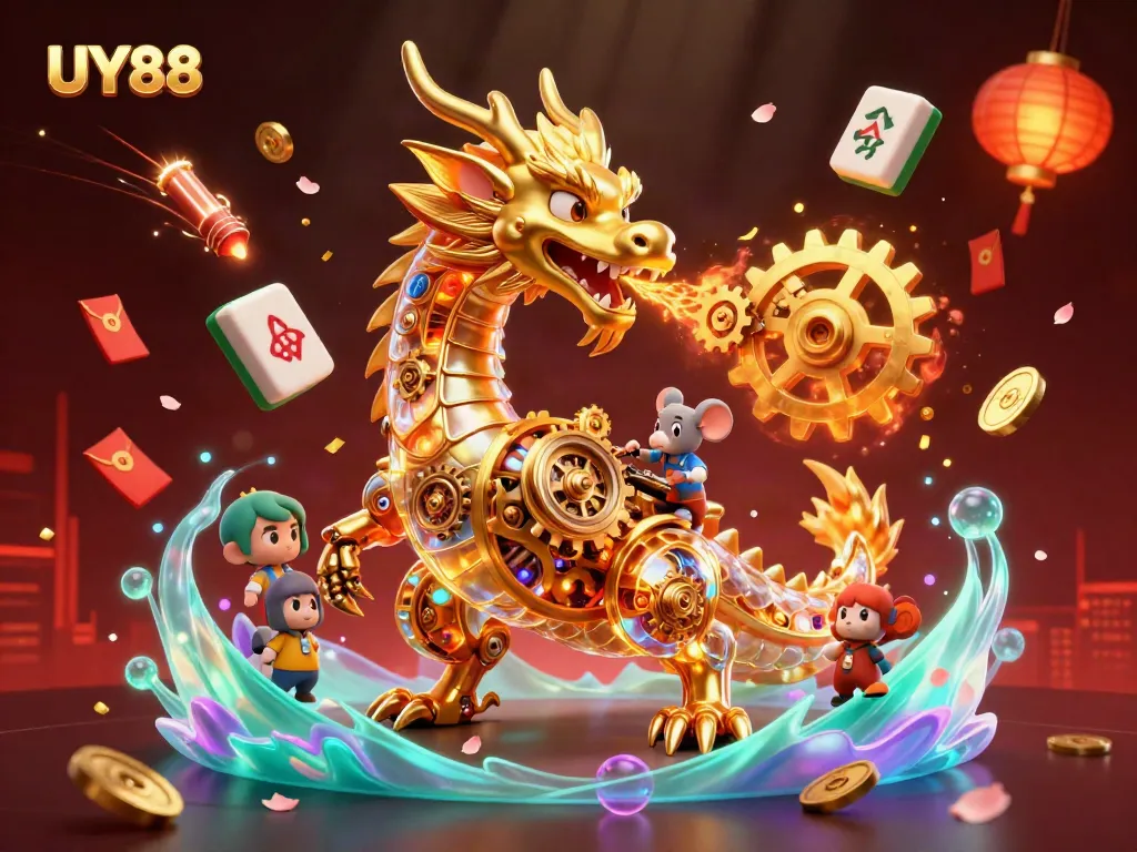 Experience thrilling action at UY88 with a golden dragon and interactive casino elements.