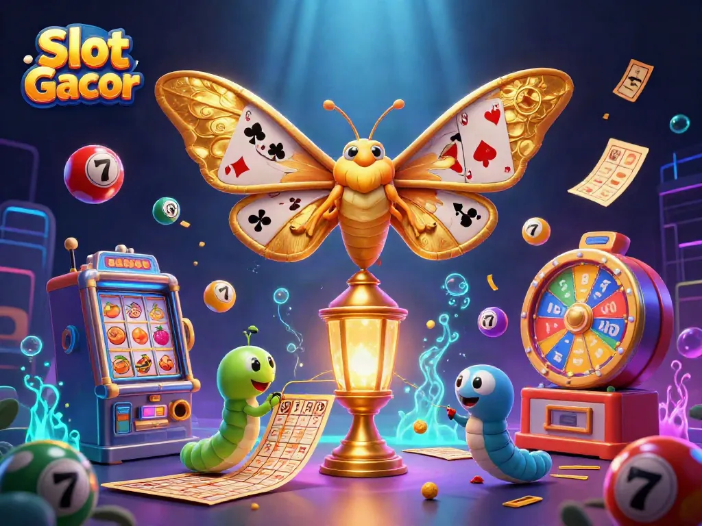 Engage with Slot Gacor adventures through this vibrant illustration of a majestic moth and dynamic casino elements.