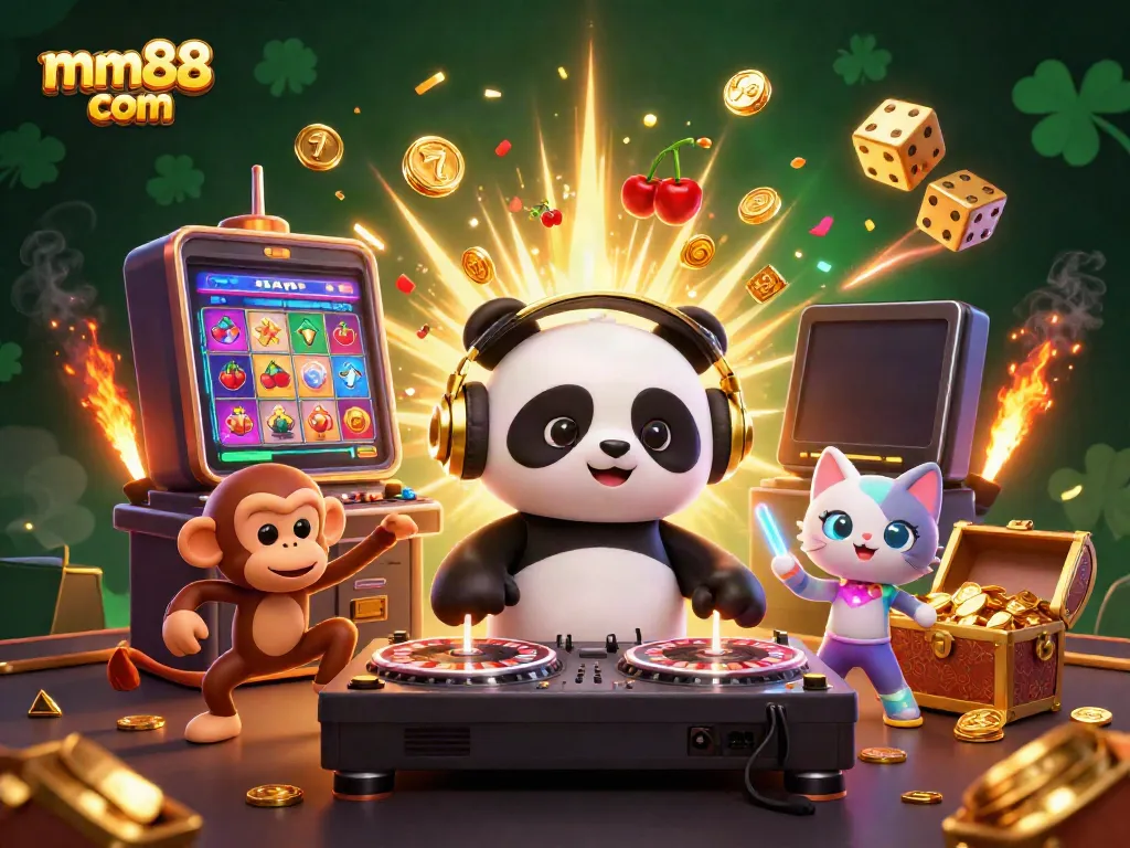 Experience the excitement of mm88 com with cartoon characters celebrating a jackpot at a casino party.