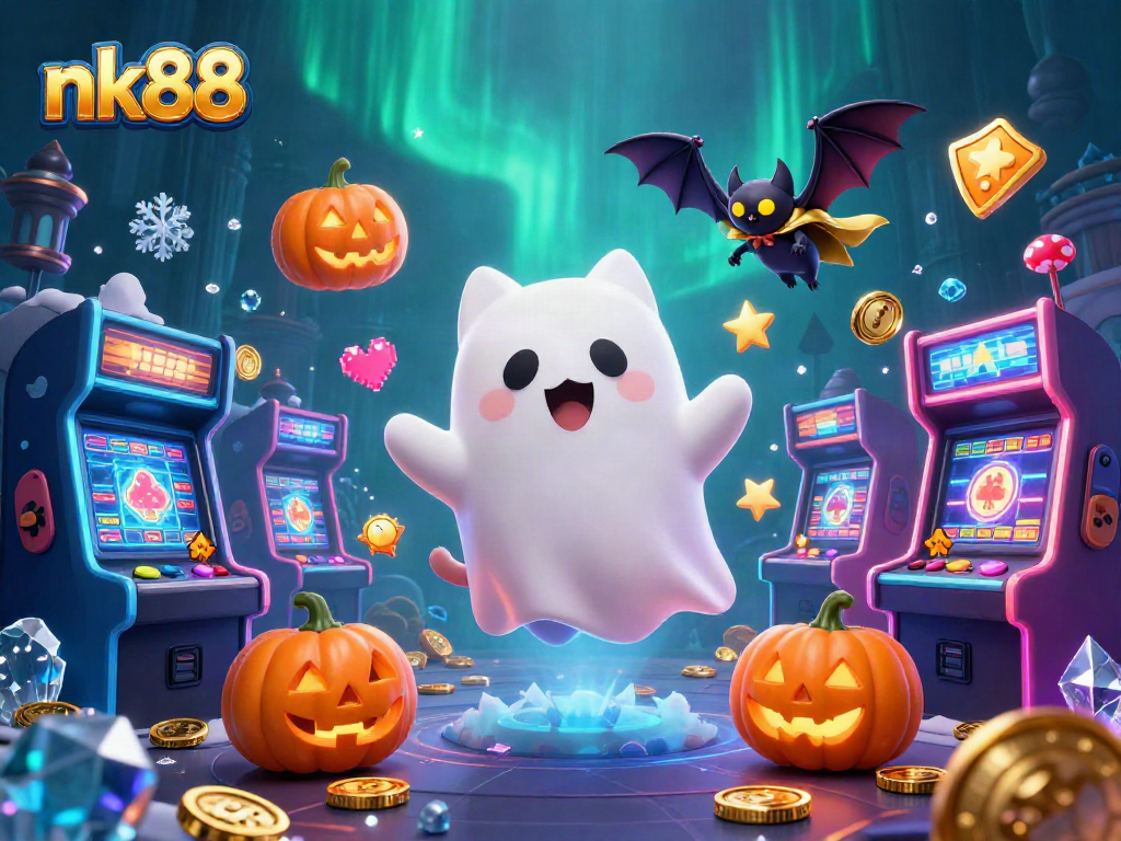 Experience the excitement at nk88 with a ghost cat and vibrant casino elements.