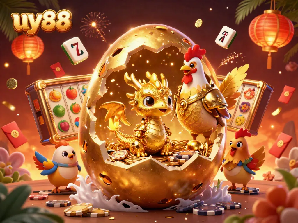 Experience thrilling gaming at uy88 with a majestic dragon guarding casino treasures amid vibrant rewards.