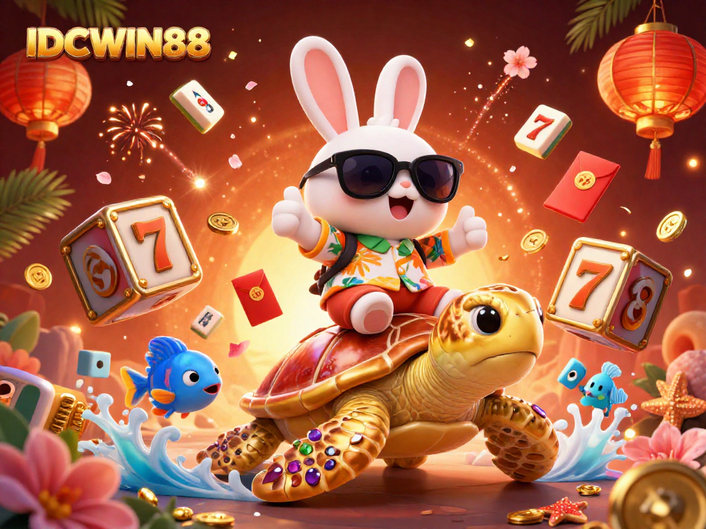 Engage in thrilling gameplay with IDCWIN88 showcasing a lucky rabbit and golden sea turtle in a vibrant casino scene.