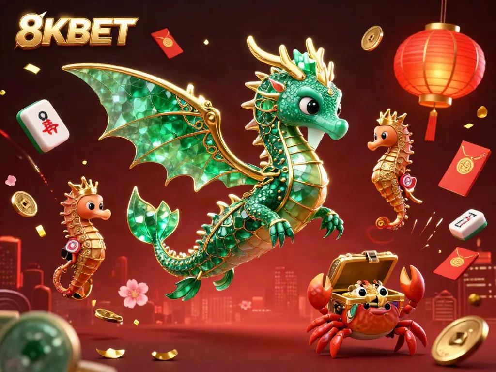 8KBET showcases an elegant sea dragon and a royal seahorse with a treasure chest in a vibrant casino scene.