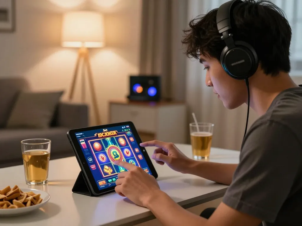 Player enjoying Slot IDCJOKER in a cozy home setup with snacks and warm lighting.
