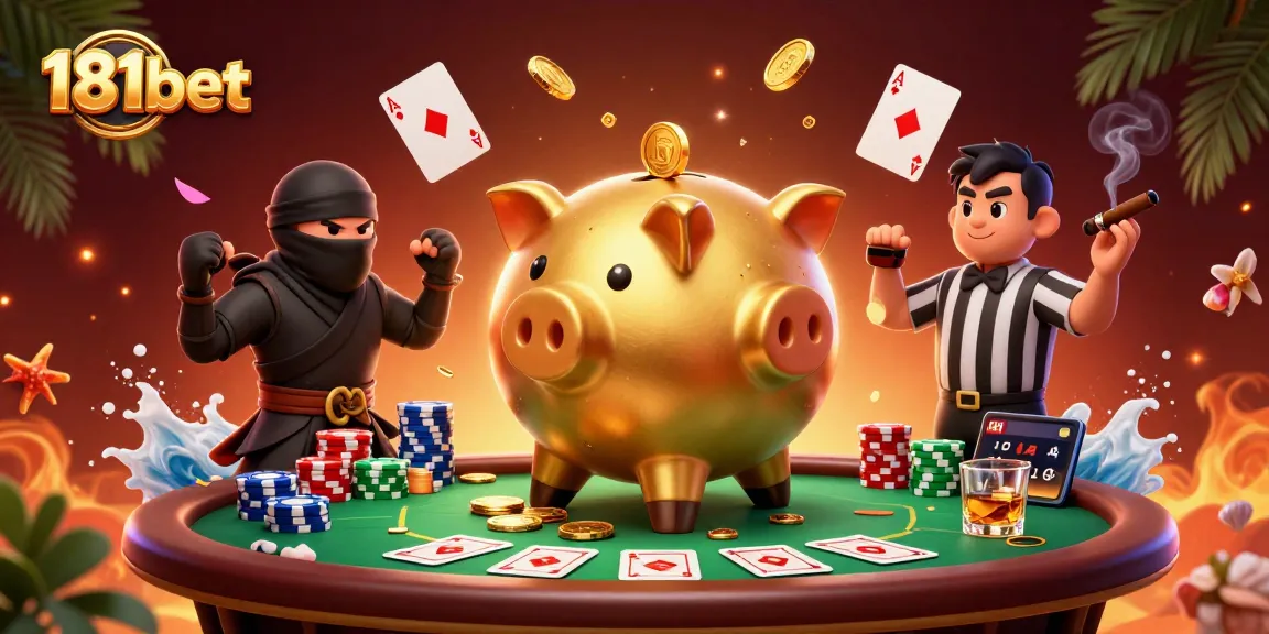 181bet engages in a thrilling poker showdown with golden piggy bank sumo wrestler, wallet-ninja, and credit-card referee.