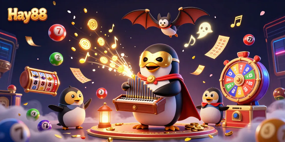 Experience Hay88's thrilling casino scene with colorful games, golden coins, and animated lively characters.