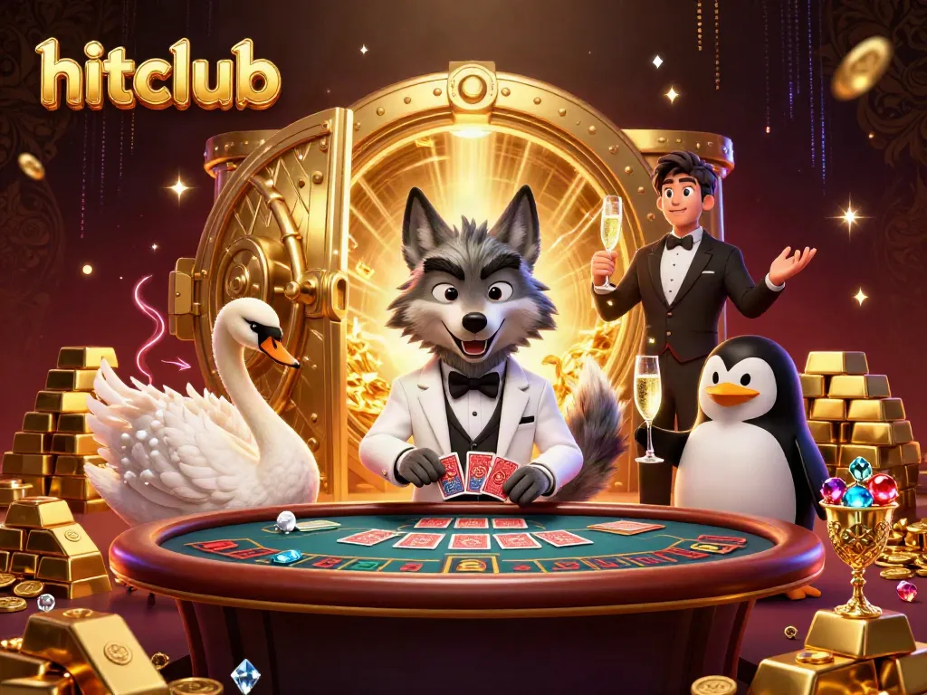 Engage in thrilling gameplay at hitclub with exciting baccarat featuring a debonair wolf and elegant swan, capturing the essence of luxury.
