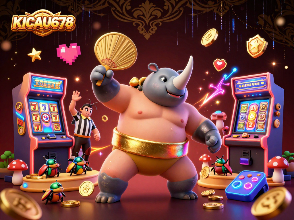 Experience thrilling gameplay at KICAU678 with golden coins flying from a beetle sumo champion and classic slot reels.