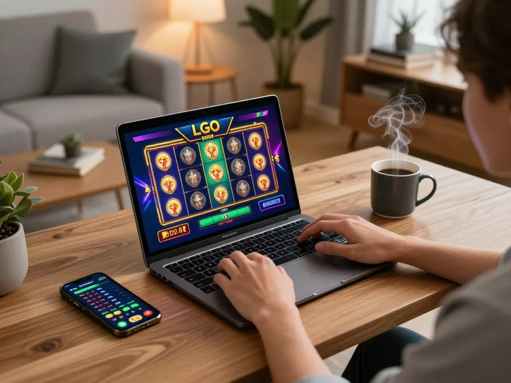 Playing LGO SUPER slot game on a laptop in a modern home setting, showcasing an engaging online gaming experience