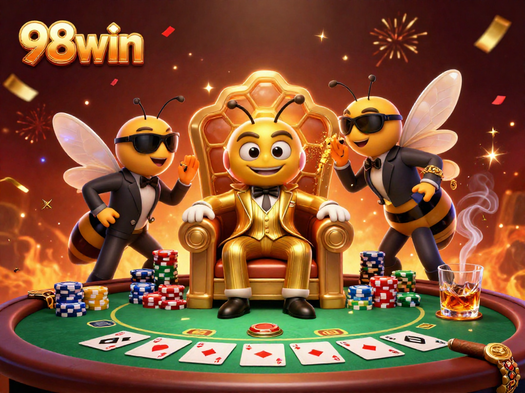 Engage in thrilling poker action at 98win with a dynamic scene of a bumblebee mob boss and his entourage.