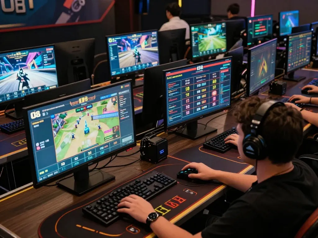 O8 user engaging in online gaming with multiple screens displaying live dealer and strategies.