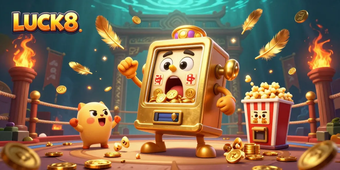 Experience a thrilling jackpot moment with LUCK8's animated slot machine as coins fall in a lively casino scene.
