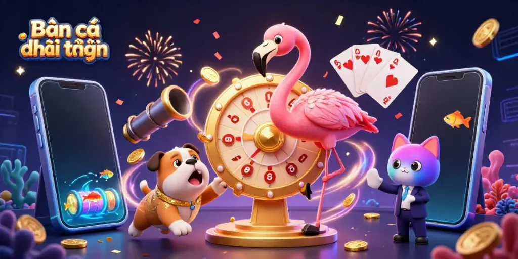 Bắn cá đổi thưởng scene with vibrant characters spinning and jumping surrounded by casino elements in 3D
