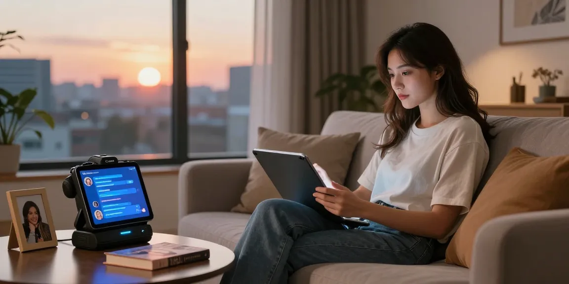 Engaging interaction with an AI gf in a cozy living room setting, showcasing digital connection and relationship.