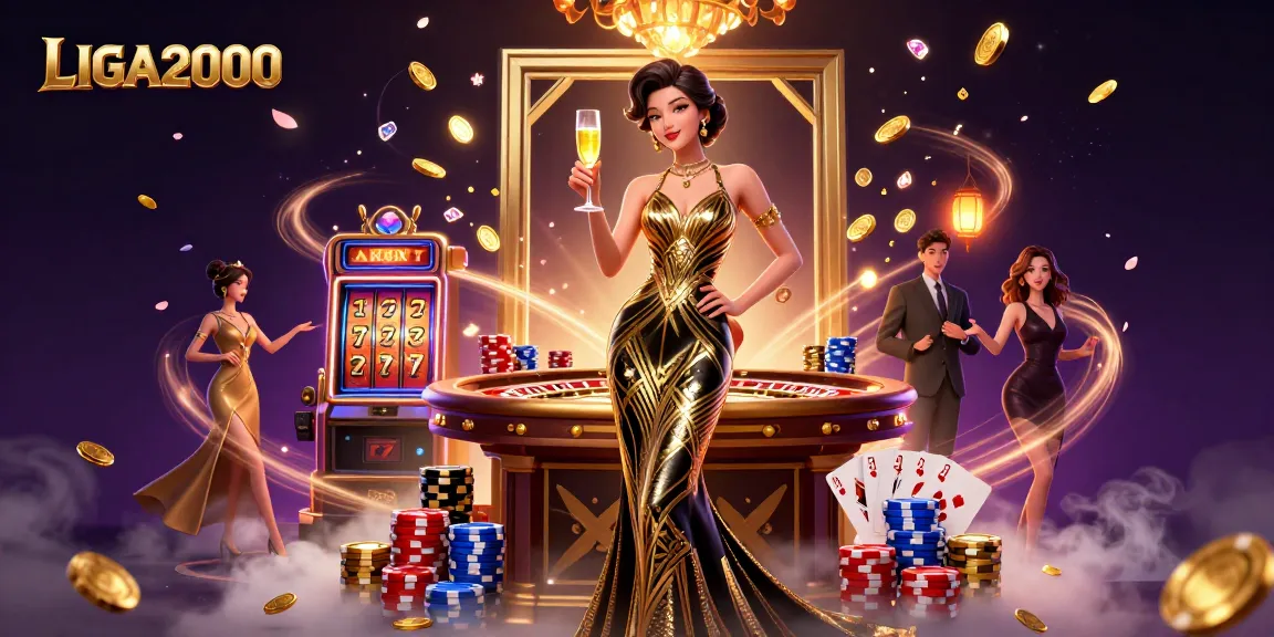 Ilustrasi slot LIGA2000 yang menampilkan permainan glamor dengan koin dan kartu terbang di sekitar