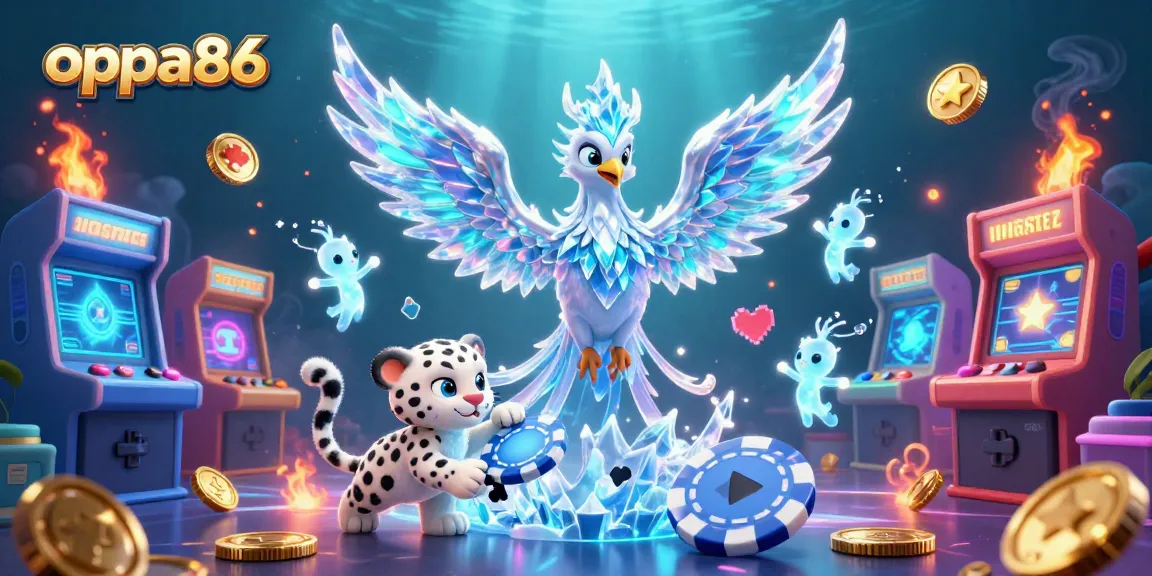 Experience the thrill of oppa86 with a vibrant 3D casino illustration featuring an ice phoenix and gaming elements.