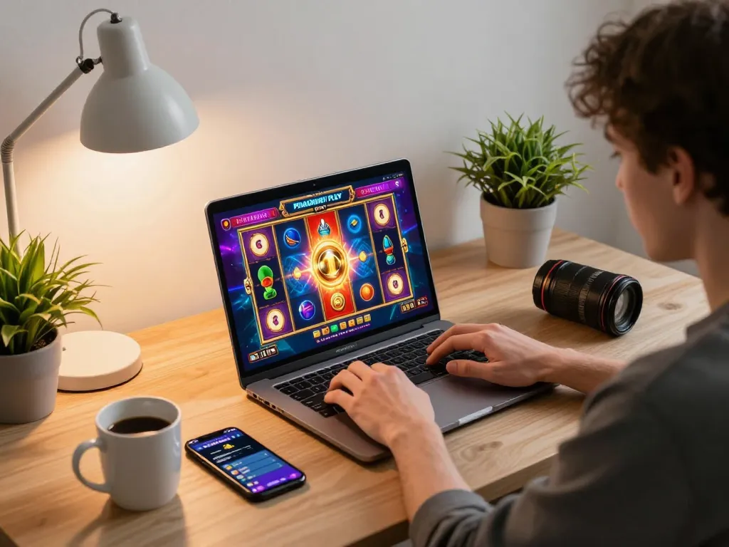 Engage with Pragmati Play slots in a lively home gaming setup showcasing colorful visuals and excitement.