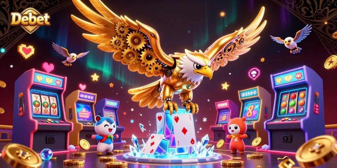 Engage in exciting casino action with Debet as a cybernetic eagle dives through holographic cards and vibrant slot elements.