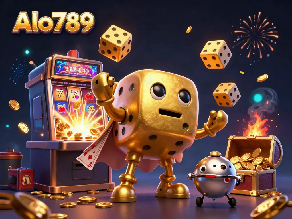 Alo789 features a golden dice golem juggling smaller dice with a vibrant jackpot explosion of coins and casino icons.
