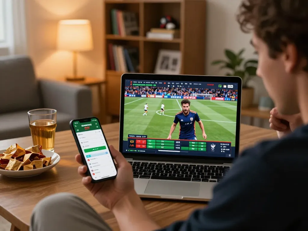 Engaged in sports betting, 7m player analyzing odds and making bets at home