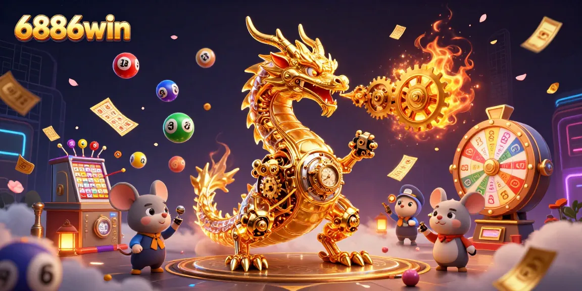 Experience the exciting world of 6886win with a colorful, vibrant 3D gaming scene showcasing rich casino elements.