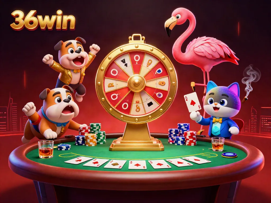 36win illustration of a game show with a flamingo host and bulldog contestant at a vibrant casino.