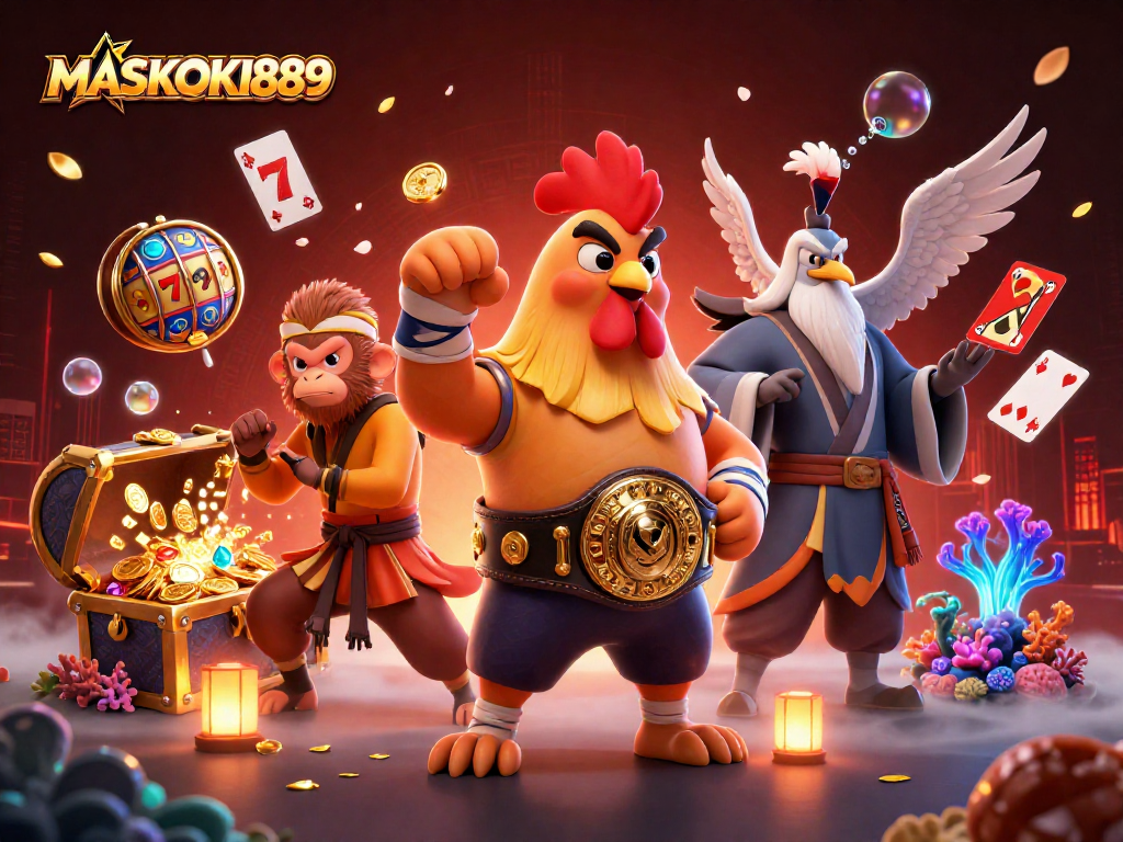 Experience thrilling gameplay with MASKOKI889 as dynamic casino characters celebrate around a jackpot.