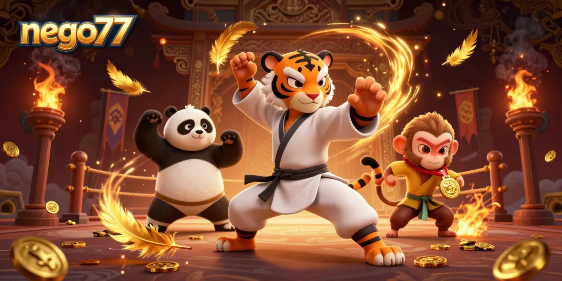 Engage in excitement with nego77 as the kung fu tiger master teaches winning strategies in a vibrant casino scene.