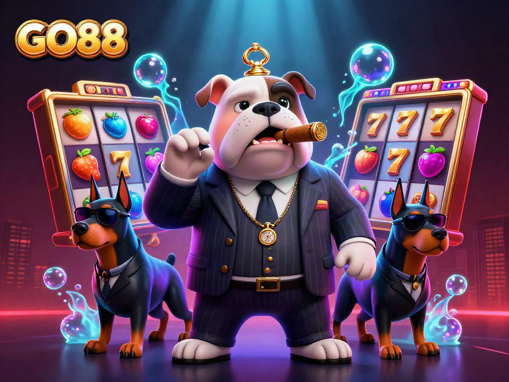 Experience GO88 exciting slot action with a cartoon mafia bulldog and bodyguard Dobermans in a lively casino setting.