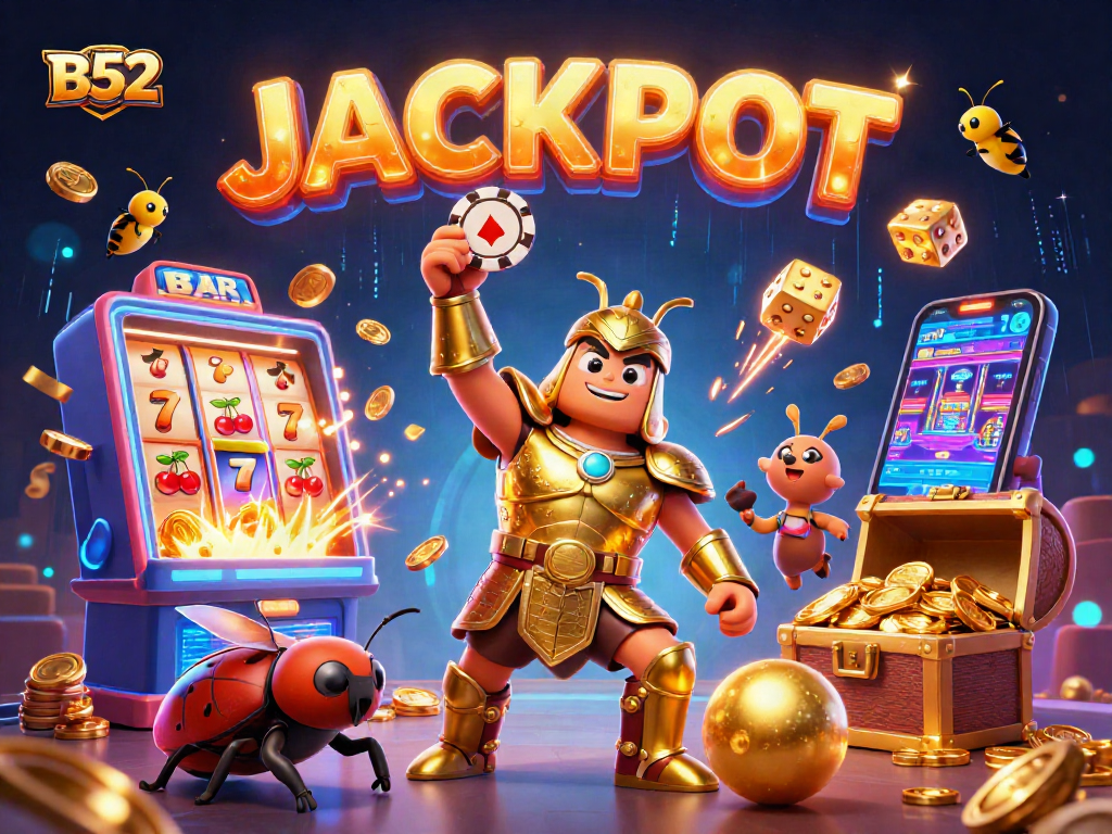 B52 spots victory with a poker chip amidst a colorful casino jackpot explosion.