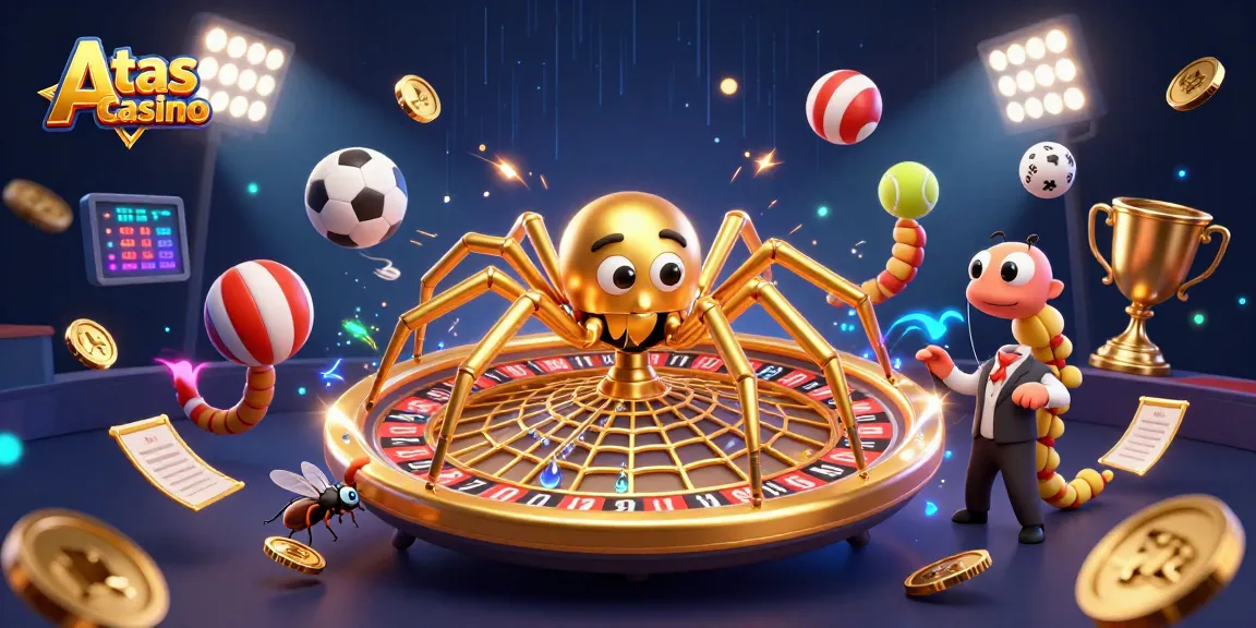 Experience fun with Atas Casino as the animated golden spider spins a roulette wheel web.