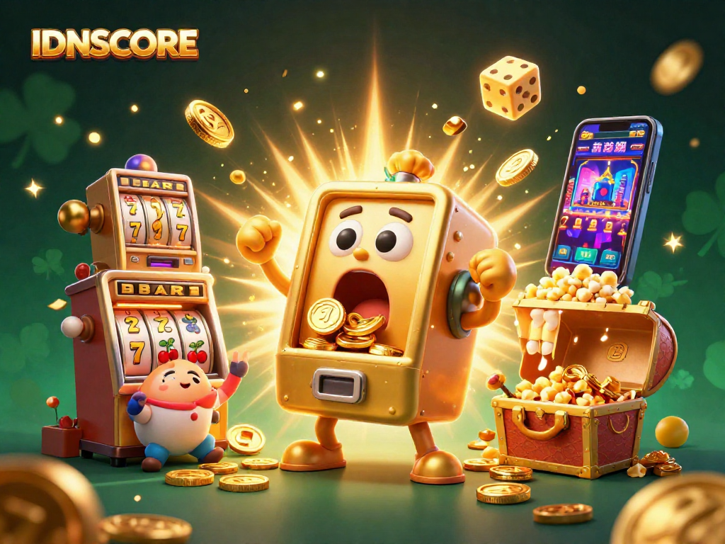 Experience IDNSCORE's thrilling jackpot moments with vibrant 3D illustration full of action.
