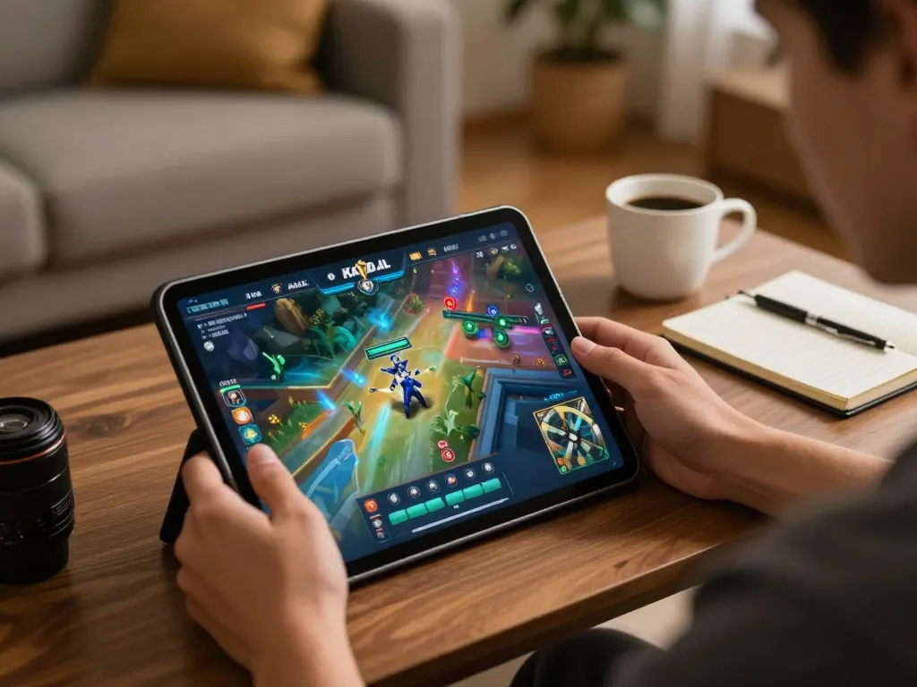 KADAL 778 player enjoying online game on tablet in cozy living room setting