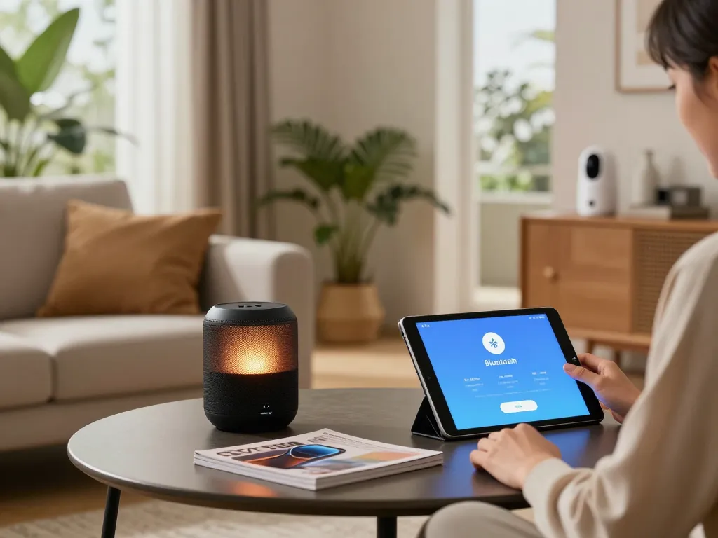 Cozy living room with Bluetooth tech gadgets for home controlled by a tablet in a modern setting.