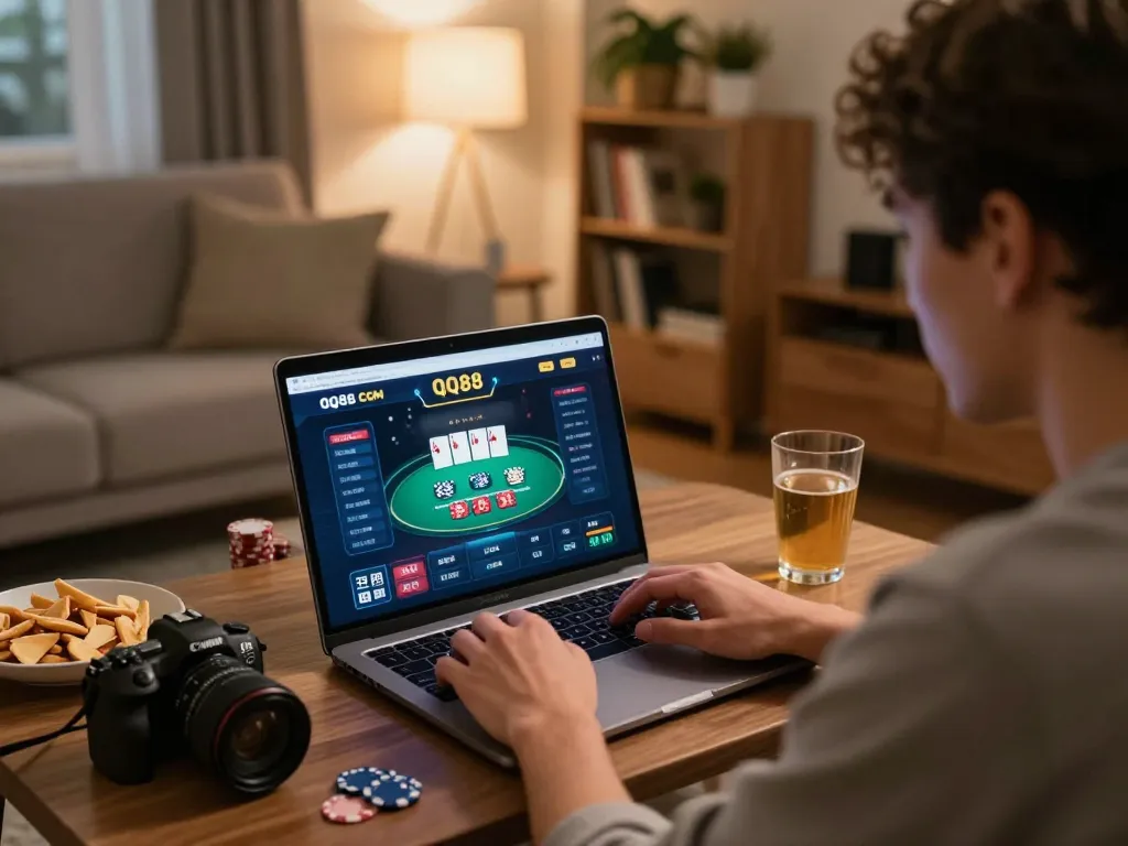 Engaged player using QQ88 COM on laptop during online gambling session in cozy living room.